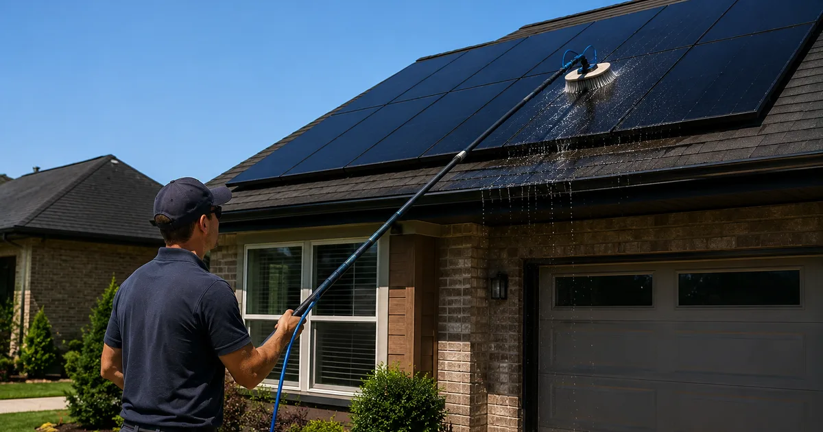 Solar panels being cleaned with a soft water-fed brush on an Oklahoma home