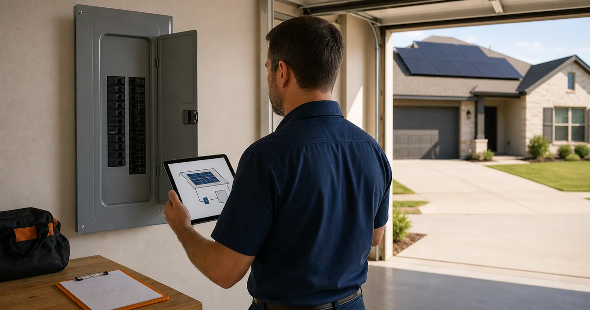 Electrician reviewing a protected residential breaker panel and solar plan