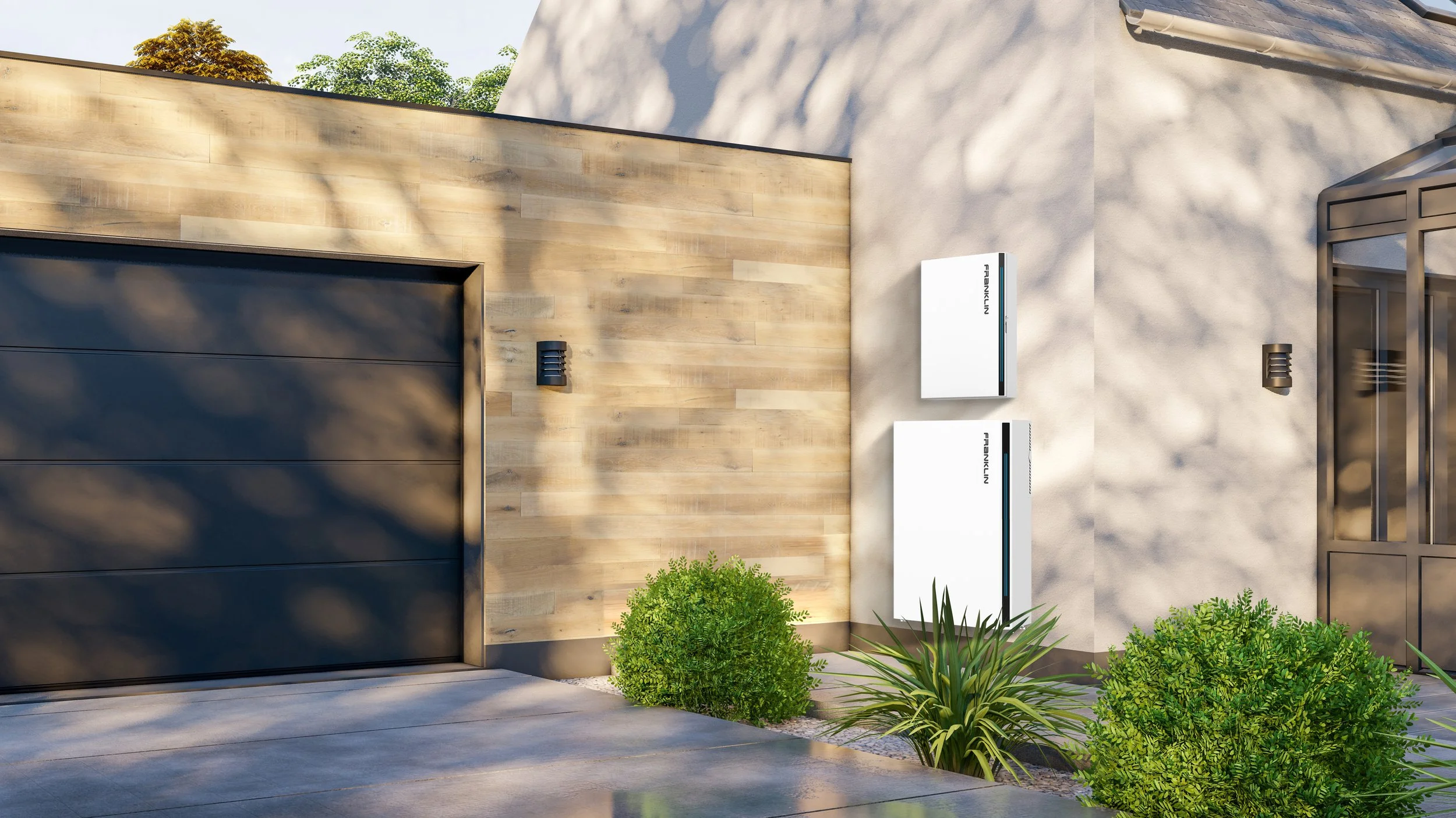 FranklinWH home battery system mounted on exterior wall with warm living space visible