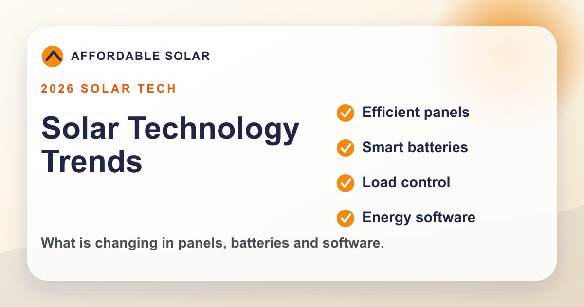 Branded 2026 solar technology trends graphic with panels, batteries, smart panels and software