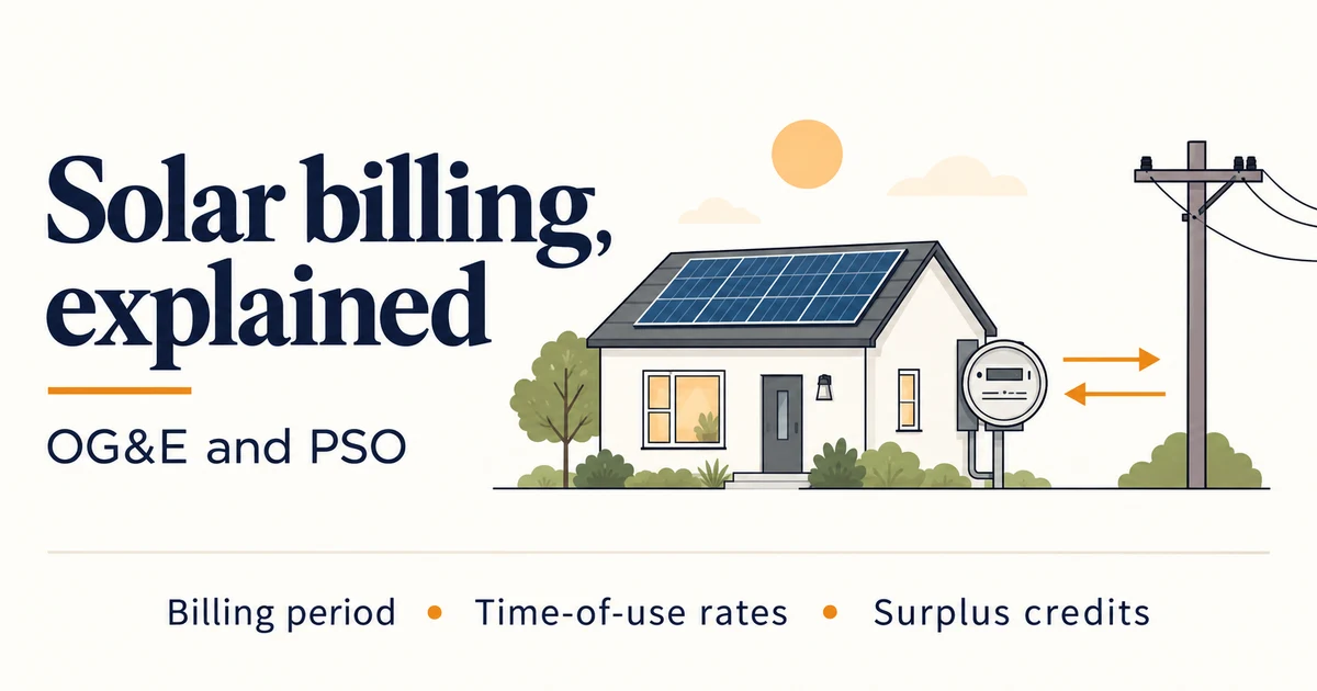 Solar home, bidirectional meter and utility pole illustrating billing periods, time-of-use rates and surplus credits
