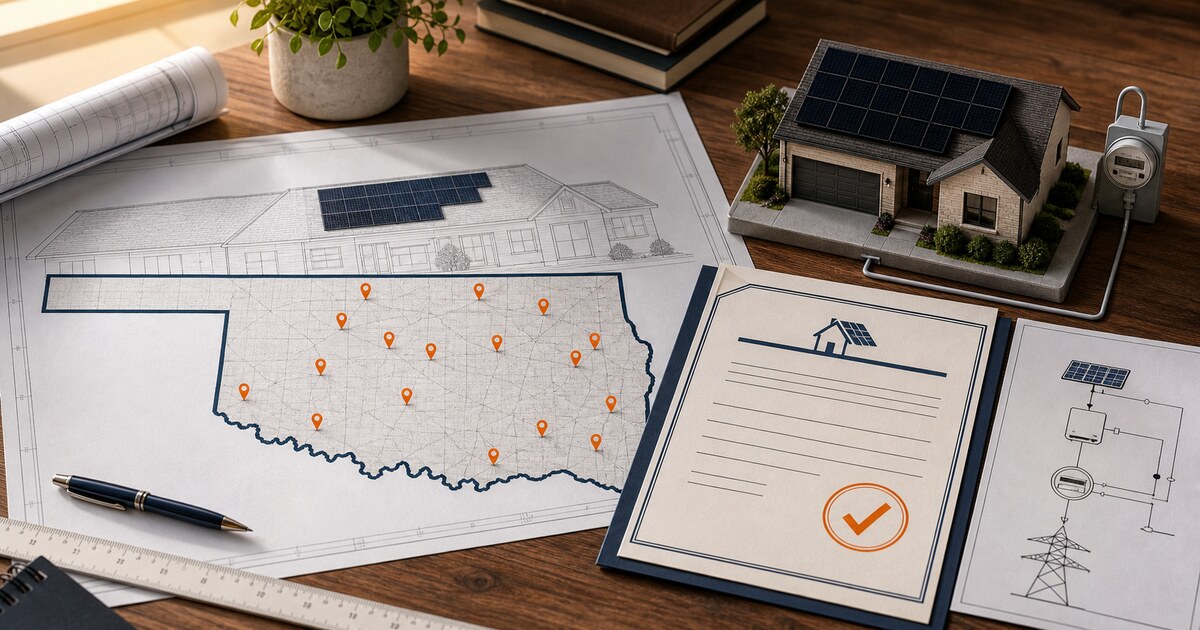 Oklahoma-shaped solar plan beside an approved permit, home model and utility diagram
