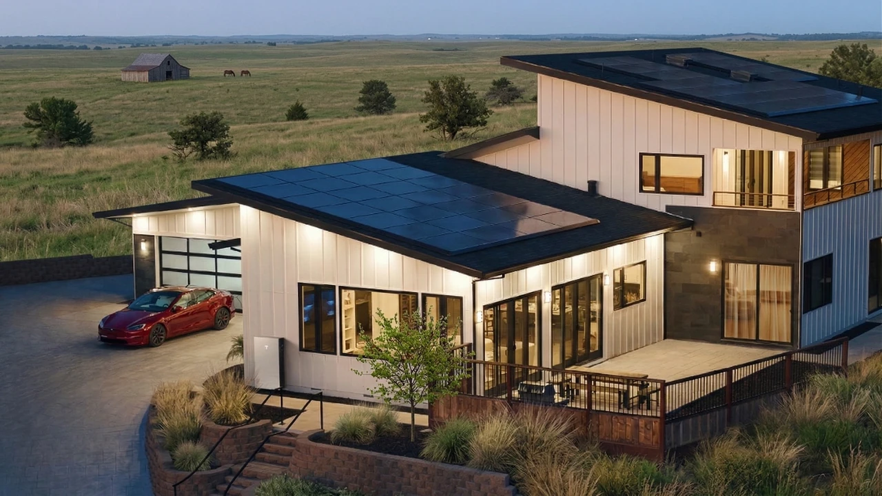 Oklahoma farmhouse with solar panels, Tesla Powerwall and rural landscape