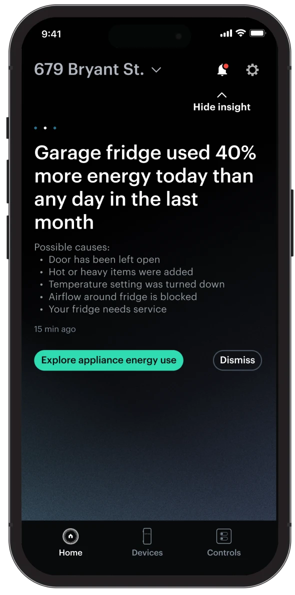 SPAN Home app showing energy insight: garage fridge used 40% more energy than usual