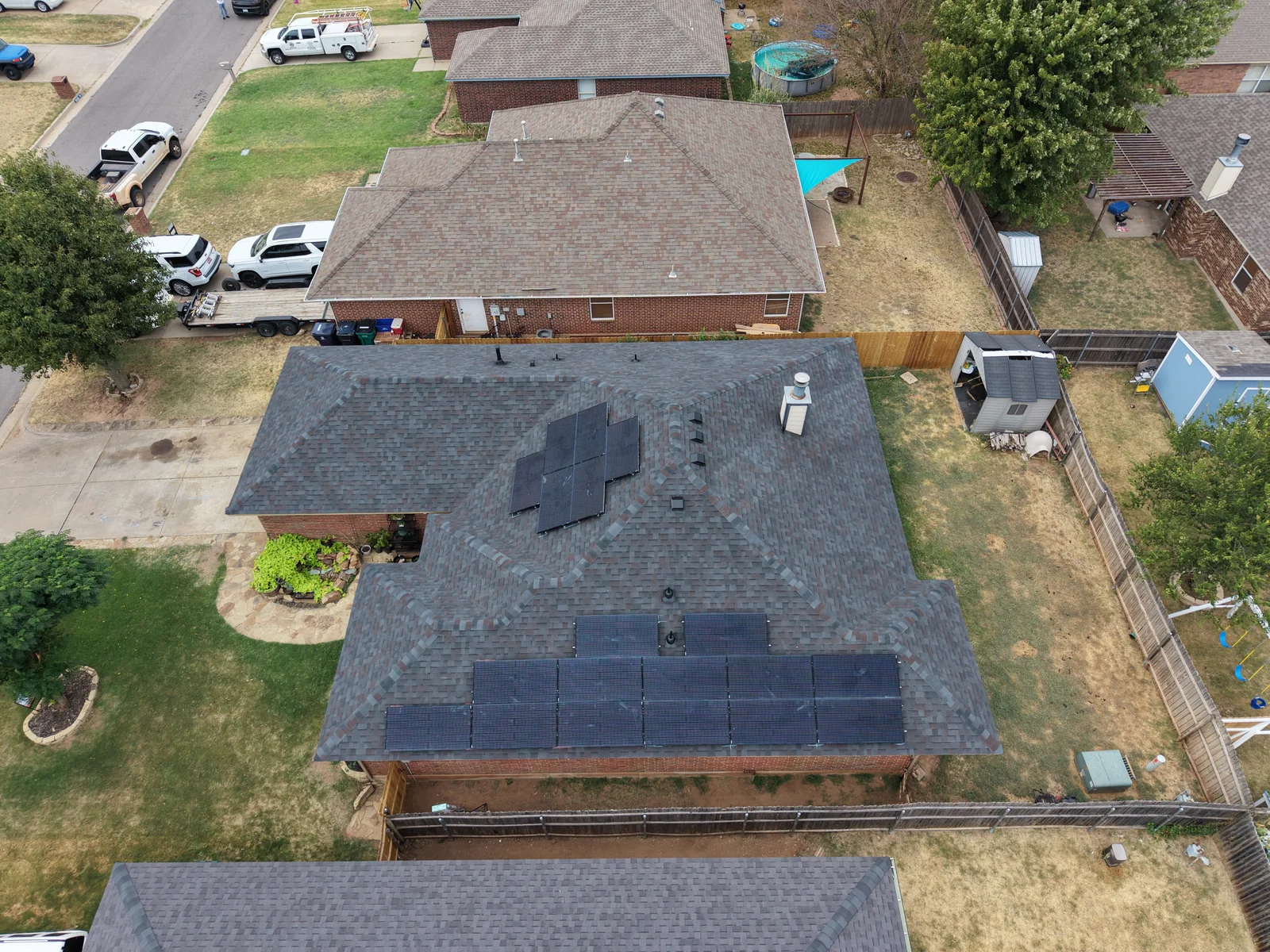 Nineteen solar panels reinstalled on a replacement roof in Yukon, Oklahoma